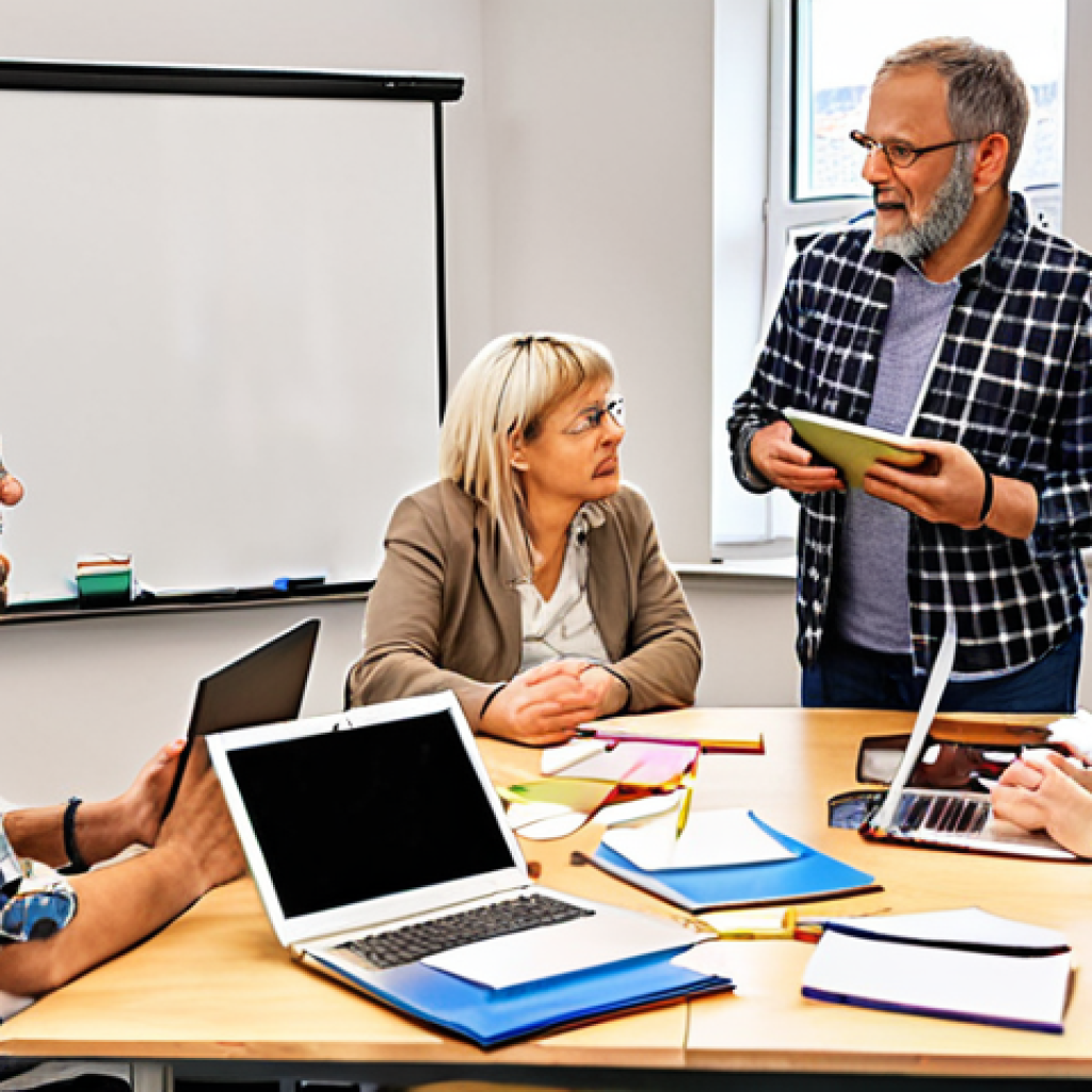 **

A diverse group of adults participating in an engaging workshop setting, possibly in a co-working space or modern adult education center. The scene emphasizes collaboration and active learning. Include laptops, notebooks, and whiteboards with brainstorming notes. The overall style should be bright and motivational, reflecting the theme of professional development. Depict a mix of ages and backgrounds, reflecting the diverse range of participants found in German adult education courses ("Erwachsenenbildung").

**