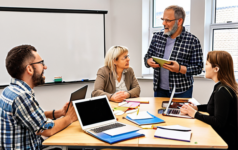 **

A diverse group of adults participating in an engaging workshop setting, possibly in a co-working space or modern adult education center. The scene emphasizes collaboration and active learning. Include laptops, notebooks, and whiteboards with brainstorming notes. The overall style should be bright and motivational, reflecting the theme of professional development. Depict a mix of ages and backgrounds, reflecting the diverse range of participants found in German adult education courses ("Erwachsenenbildung").

**