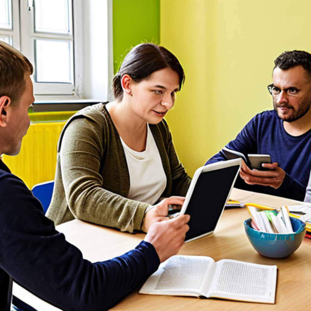A diverse group of adults participating in a literacy class, some using tablets or laptops, others working with traditional books and worksheets, showcasing individualized learning approaches in a bright and welcoming classroom in Germany. The scene emphasizes motivation, inclusion, and the use of digital media, reflecting a modern German "Volkshochschule" (adult education center).