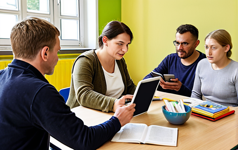A diverse group of adults participating in a literacy class, some using tablets or laptops, others working with traditional books and worksheets, showcasing individualized learning approaches in a bright and welcoming classroom in Germany. The scene emphasizes motivation, inclusion, and the use of digital media, reflecting a modern German "Volkshochschule" (adult education center).