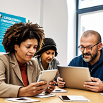 **

A diverse group of adults participates in a literacy class, some using tablets and laptops. The setting is a brightly lit community center in Berlin, with posters promoting local vocational training programs. Focus on the expressions of engagement and collaboration.

**