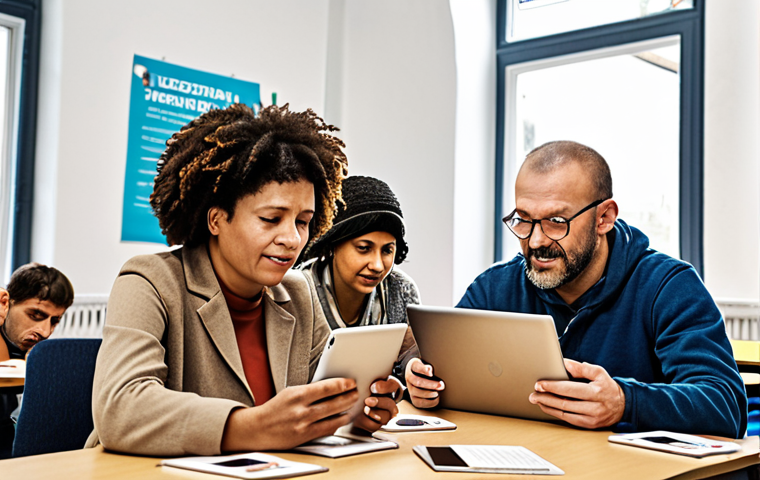**

A diverse group of adults participates in a literacy class, some using tablets and laptops. The setting is a brightly lit community center in Berlin, with posters promoting local vocational training programs. Focus on the expressions of engagement and collaboration.

**