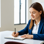 A professional female literacy educator in a modest business casual outfit, sitting at a modern table with an adult male student in appropriate attire. The student is focused on writing in a notebook, showing a moment of learning achievement, with the educator offering supportive guidance. The setting is a bright, well-lit learning center with a clean, professional aesthetic in the background. The image conveys dedication and positive progress, emphasizing the rewarding nature of the work. professional photography, natural pose, perfect anatomy, correct proportions, well-formed hands, proper finger count, natural body proportions, high quality, safe for work, appropriate content, fully clothed, professional.