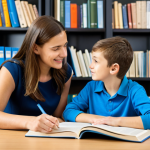 A professional female learning companion in a modest business casual outfit, gently guiding a young student (approx. 10 years old) at a clean wooden desk in a calm, well-lit study room. They are looking at an open textbook together, with a supportive and understanding expression on the companion's face and a focused expression on the student's face. The background includes neatly organized shelves with books. fully clothed, modest clothing, appropriate attire, professional dress, safe for work, appropriate content, perfect anatomy, correct proportions, natural pose, well-formed hands, proper finger count, natural body proportions, professional photography, high quality, family-friendly.