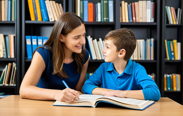 A professional female learning companion in a modest business casual outfit, gently guiding a young student (approx. 10 years old) at a clean wooden desk in a calm, well-lit study room. They are looking at an open textbook together, with a supportive and understanding expression on the companion's face and a focused expression on the student's face. The background includes neatly organized shelves with books. fully clothed, modest clothing, appropriate attire, professional dress, safe for work, appropriate content, perfect anatomy, correct proportions, natural pose, well-formed hands, proper finger count, natural body proportions, professional photography, high quality, family-friendly.