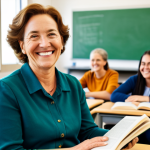 A mature adult woman, fully clothed in modest, comfortable, appropriate attire, sits at a clean, modern desk in a brightly lit adult education classroom. She smiles genuinely and confidently, holding an open book, demonstrating a breakthrough in literacy. In the soft-focused background, a diverse group of other adult learners are visible, engaged in their studies. A female teacher, fully clothed in professional dress, stands nearby, observing with a supportive and encouraging expression. This image captures a moment of personal empowerment and the joy of learning. Perfect anatomy, correct proportions, natural pose, well-formed hands, proper finger count, natural body proportions, professional photography, high resolution, soft natural lighting, warm color palette, safe for work, appropriate content, family-friendly.