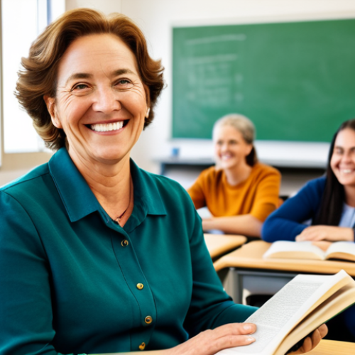 A mature adult woman, fully clothed in modest, comfortable, appropriate attire, sits at a clean, modern desk in a brightly lit adult education classroom. She smiles genuinely and confidently, holding an open book, demonstrating a breakthrough in literacy. In the soft-focused background, a diverse group of other adult learners are visible, engaged in their studies. A female teacher, fully clothed in professional dress, stands nearby, observing with a supportive and encouraging expression. This image captures a moment of personal empowerment and the joy of learning. Perfect anatomy, correct proportions, natural pose, well-formed hands, proper finger count, natural body proportions, professional photography, high resolution, soft natural lighting, warm color palette, safe for work, appropriate content, family-friendly.