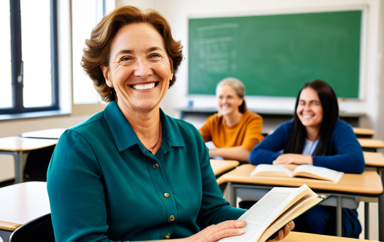 A mature adult woman, fully clothed in modest, comfortable, appropriate attire, sits at a clean, modern desk in a brightly lit adult education classroom. She smiles genuinely and confidently, holding an open book, demonstrating a breakthrough in literacy. In the soft-focused background, a diverse group of other adult learners are visible, engaged in their studies. A female teacher, fully clothed in professional dress, stands nearby, observing with a supportive and encouraging expression. This image captures a moment of personal empowerment and the joy of learning. Perfect anatomy, correct proportions, natural pose, well-formed hands, proper finger count, natural body proportions, professional photography, high resolution, soft natural lighting, warm color palette, safe for work, appropriate content, family-friendly.