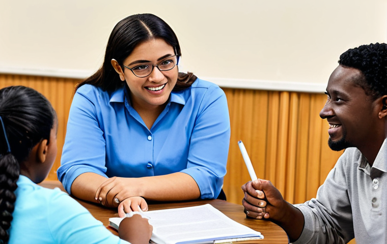 A professional adult educator, fully clothed in modest, appropriate attire, engaging compassionately with a small group of diverse adult learners in a well-lit community learning center. The educator is providing individualized guidance, pointing gently to a document on a table, with other learners focused on their materials. The scene emphasizes empathy, support, and an inclusive learning environment. Natural pose, perfect anatomy, correct proportions, well-formed hands, proper finger count, natural body proportions, professional photography, high quality, safe for work, appropriate content, family-friendly.