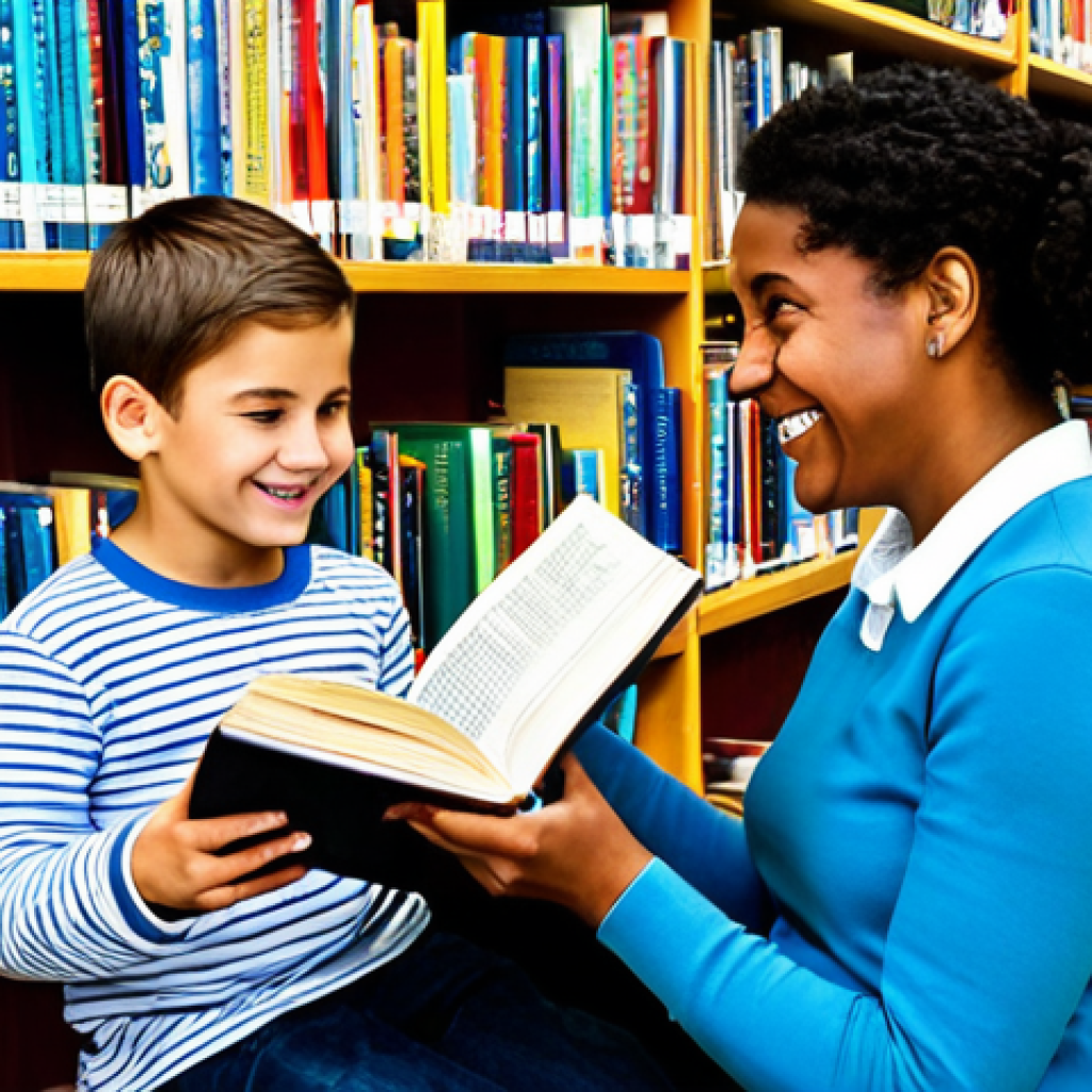 **
"A volunteer reading helper, fully clothed, sits with a child in a brightly lit library. They are looking at an open book, with a diverse selection of children's books on the shelves behind them. The child is engaged and smiling. Safe for work, appropriate content, family-friendly, professional setting, perfect anatomy, well-formed hands, natural pose, modest clothing, high quality."
**