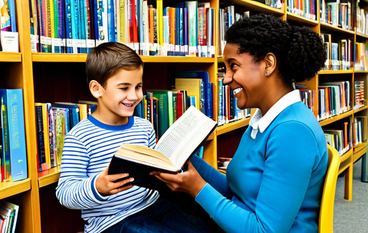 **

"A volunteer reading helper, fully clothed, sits with a child in a brightly lit library. They are looking at an open book, with a diverse selection of children's books on the shelves behind them. The child is engaged and smiling. Safe for work, appropriate content, family-friendly, professional setting, perfect anatomy, well-formed hands, natural pose, modest clothing, high quality."

**