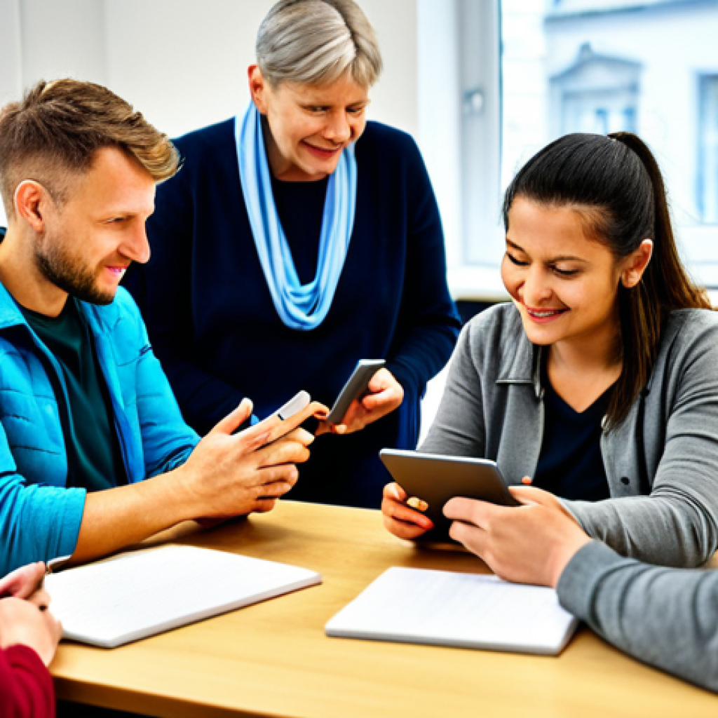 **

"A diverse group of adults in a bright, modern Volkshochschule classroom, fully clothed in casual but neat attire, participating in a collaborative literacy exercise with tablets, appropriate content, safe for work, perfect anatomy, natural proportions, professional, learning environment, focus on engagement, high quality, well-formed hands, proper finger count."

**