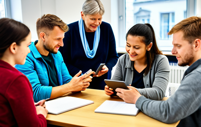 **

"A diverse group of adults in a bright, modern Volkshochschule classroom, fully clothed in casual but neat attire, participating in a collaborative literacy exercise with tablets, appropriate content, safe for work, perfect anatomy, natural proportions, professional, learning environment, focus on engagement, high quality, well-formed hands, proper finger count."

**