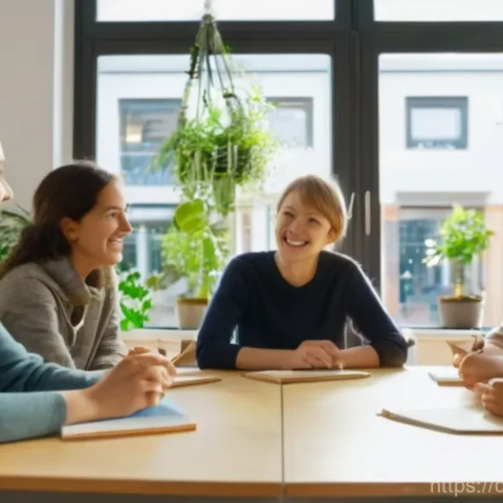 문해교육사 수업 운영 팁 - A brightly lit, welcoming classroom in a modern German adult education center. A diverse group of ad...