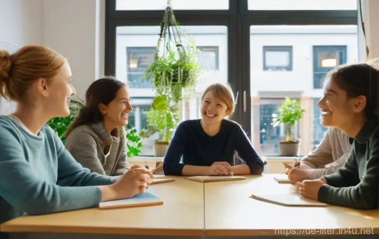 문해교육사 수업 운영 팁 - A brightly lit, welcoming classroom in a modern German adult education center. A diverse group of ad...