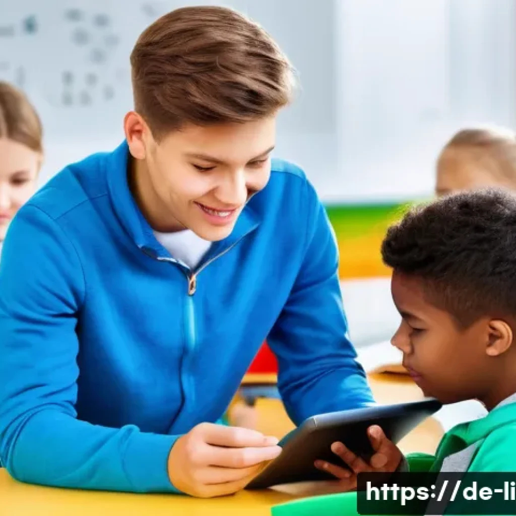 문해교육사와 학습 지도 시뮬레이션 - A modern classroom scene in Germany showing a diverse group of young students, aged around 10-12, en...