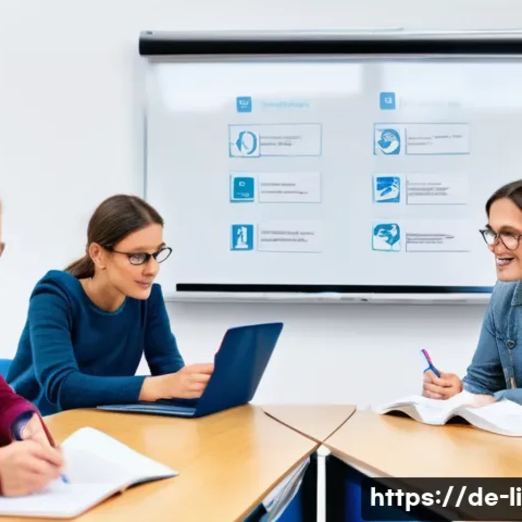 문해교육사 실무 중심 과목 - A modern classroom scene in Germany showing a diverse group of adult learners sitting around a table...