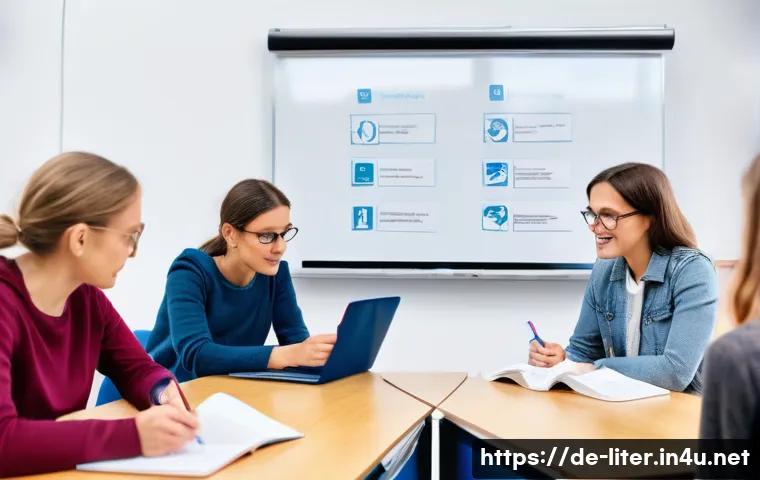 문해교육사 실무 중심 과목 - A modern classroom scene in Germany showing a diverse group of adult learners sitting around a table...