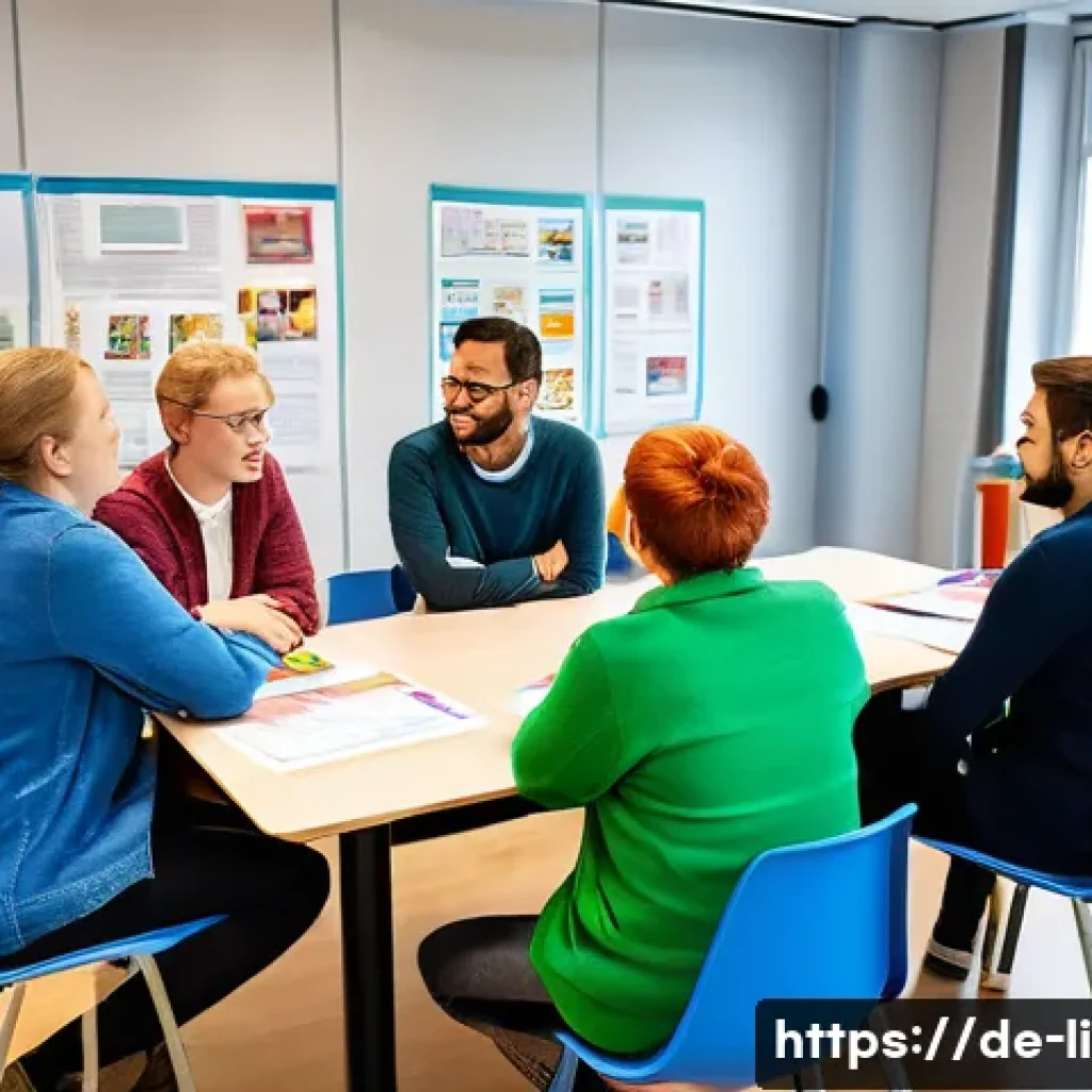 문해교육사로서의 학습 기술 적용 - A diverse group of adult learners in a modern classroom in Germany, engaged in a dialog-oriented lea...