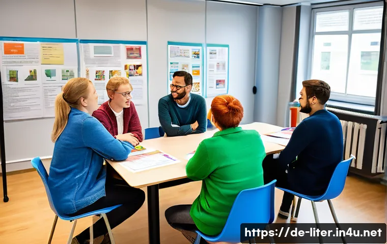 문해교육사로서의 학습 기술 적용 - A diverse group of adult learners in a modern classroom in Germany, engaged in a dialog-oriented lea...