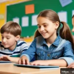 Home 22 문해교육사 필수 교육 트렌드 - A modern classroom scene in a German elementary school featuring diverse children aged 8-10 engaged ...