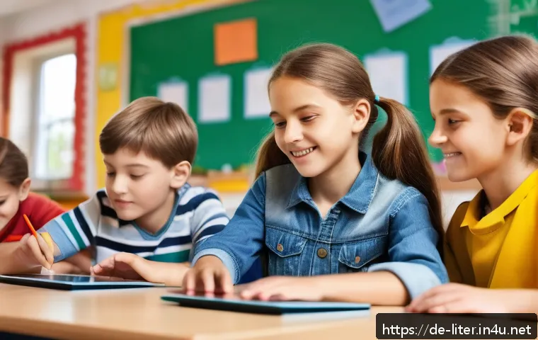 문해교육사 필수 교육 트렌드 - A modern classroom scene in a German elementary school featuring diverse children aged 8-10 engaged ...