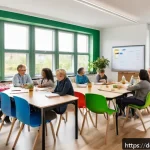 Home 20 문해교육사로서의 긍정적인 마인드 - A modern, bright classroom scene in Germany featuring a diverse group of adult learners engaged in a...