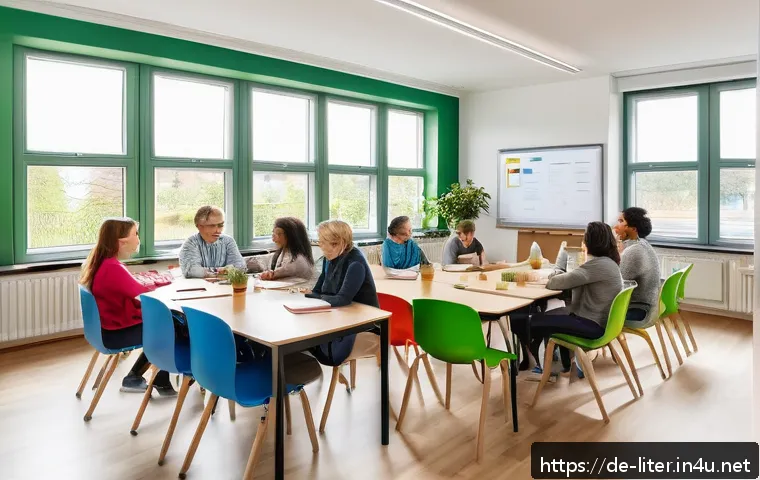 문해교육사로서의 긍정적인 마인드 - A modern, bright classroom scene in Germany featuring a diverse group of adult learners engaged in a...