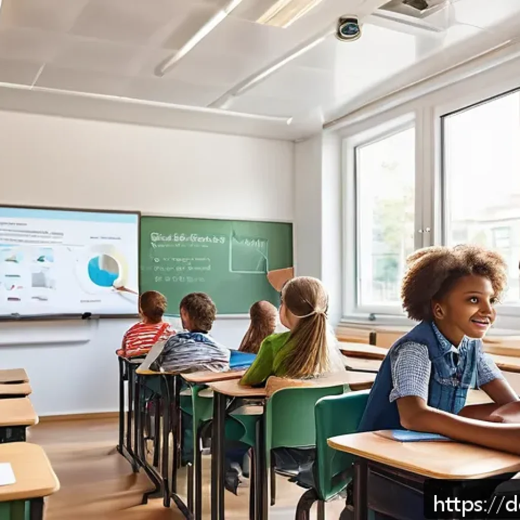 문해교육사와 직무 환경 개선법 - A diverse group of school children in a modern classroom setting, using digital tablets and interact...