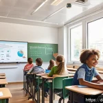 Home 19 문해교육사와 직무 환경 개선법 - A diverse group of school children in a modern classroom setting, using digital tablets and interact...