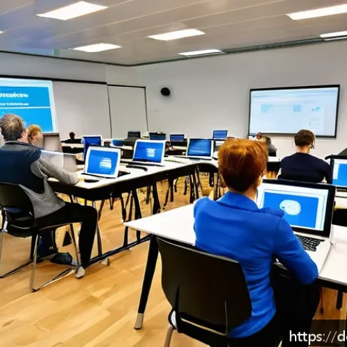 Home 30 문해교육사와 디지털 문해 기술 - A modern adult classroom setting in Germany, featuring diverse middle-aged learners engaging with in...