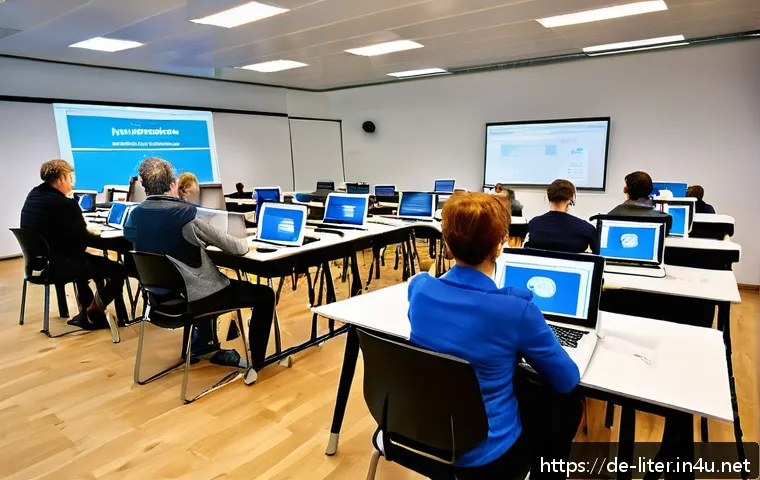 문해교육사와 디지털 문해 기술 - A modern adult classroom setting in Germany, featuring diverse middle-aged learners engaging with in...
