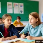 Home 23 문해교육사와 심리학 기법 적용 - A bright, modern classroom scene in Germany featuring a diverse group of schoolchildren aged around ...
