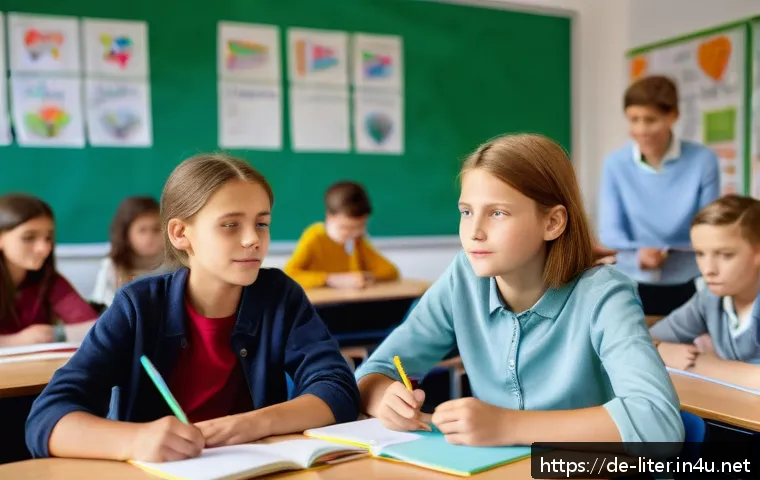 문해교육사와 심리학 기법 적용 - A bright, modern classroom scene in Germany featuring a diverse group of schoolchildren aged around ...