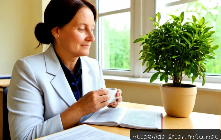 문해교육사와 직무 소진 방지법 - Photorealistic scene of a German adult literacy educator taking a restorative break in a bright comm...