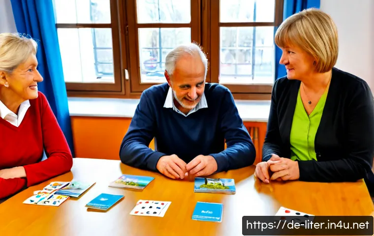 문해교육사와 필수 문해 기술 연구 - Photorealistic adult literacy educator in a bright community learning center in Germany, warmly guid...