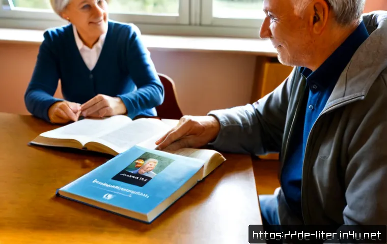 문해교육사와 지속적인 학습 방법 - Photorealistic adult literacy educator guiding a middle-aged German learner through a practical read...